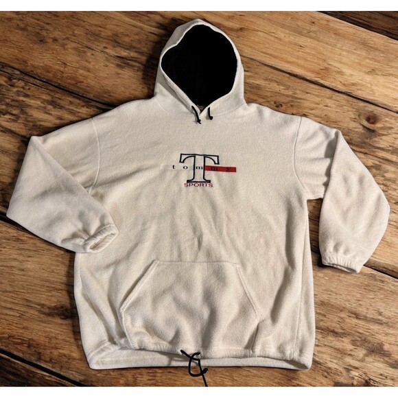 Tommy Hilfiger Men's Fleece Hoodie Sweatshirt Size XL Drawstring White Logo VTG - Picture 1 of 7
